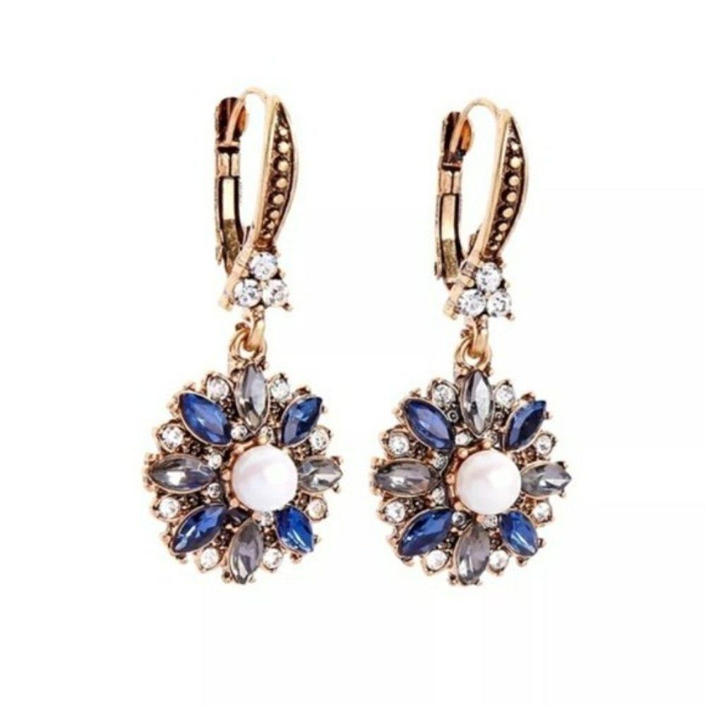 Blue Crystal Pearl Vintage Gold Leverback Statement Earrings
